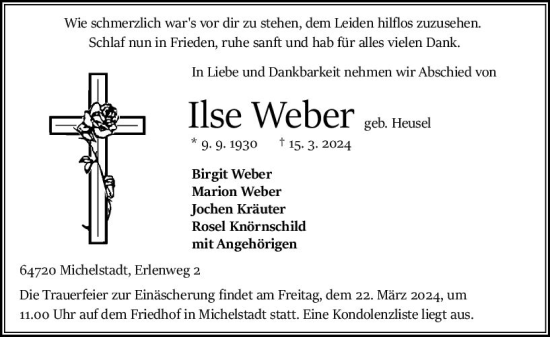 Traueranzeige von Ilse Weber von Odenwälder Echo