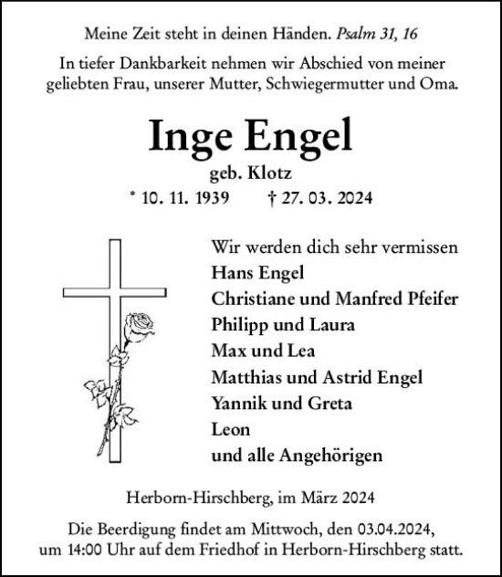 Traueranzeige von Inge Engel von Dill Block