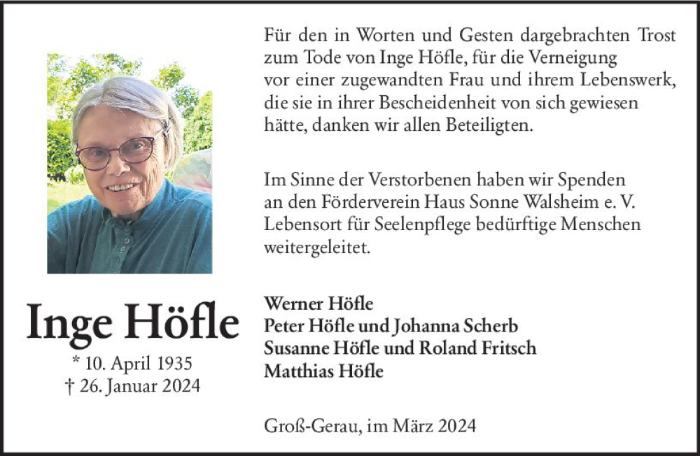 Traueranzeige für Inge Höfle vom 09.03.2024 aus Groß-Gerauer Echo