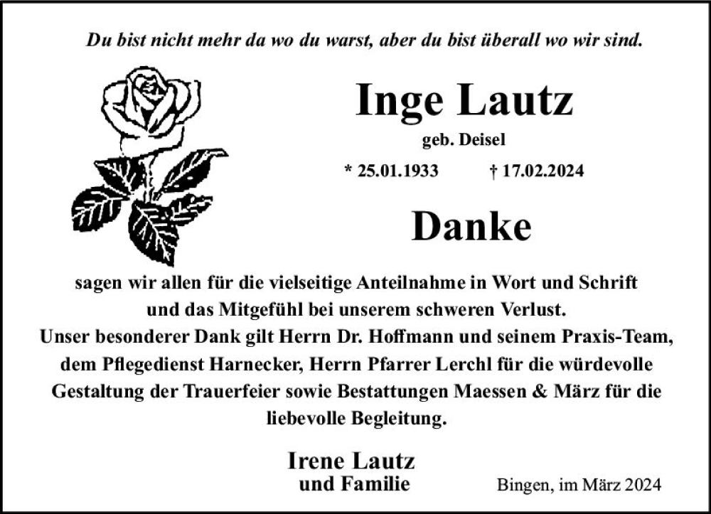  Traueranzeige für Inge Lautz vom 16.03.2024 aus Allgemeine Zeitung Bingen/Ingelheim