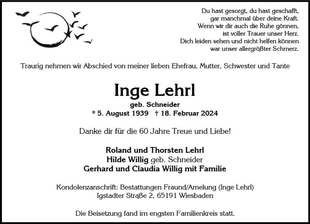  Traueranzeige für Inge Lehrl vom 09.03.2024 aus Wiesbadener Kurier