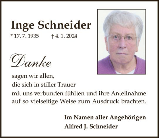 Traueranzeige von Inge Schneider von Allgemeine Zeitung Mainz