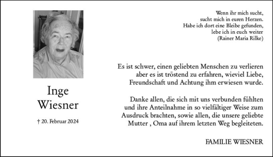 Traueranzeige von Inge Wiesner von Wiesbadener Kurier
