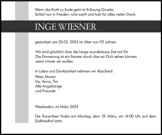 Traueranzeige von Inge Wiesner von Wiesbadener Kurier