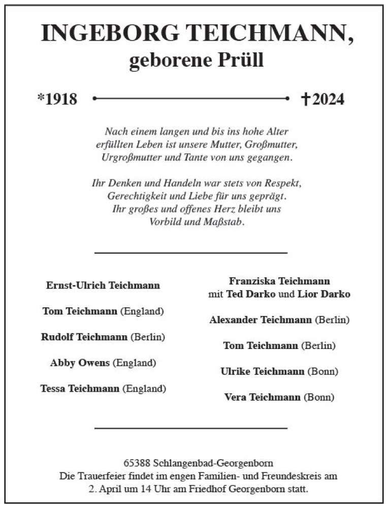  Traueranzeige für Ingeborg Teichmann vom 23.03.2024 aus Wiesbadener Kurier