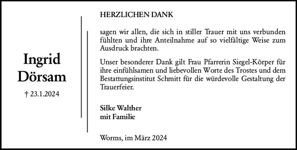  Traueranzeige für Ingrid Dörsam vom 02.03.2024 aus Wormser Zeitung