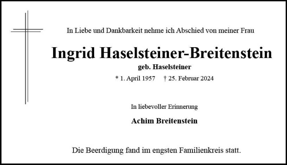  Traueranzeige für Ingrid Haselsteiner-Breitenstein vom 09.03.2024 aus Allgemeine Zeitung Mainz