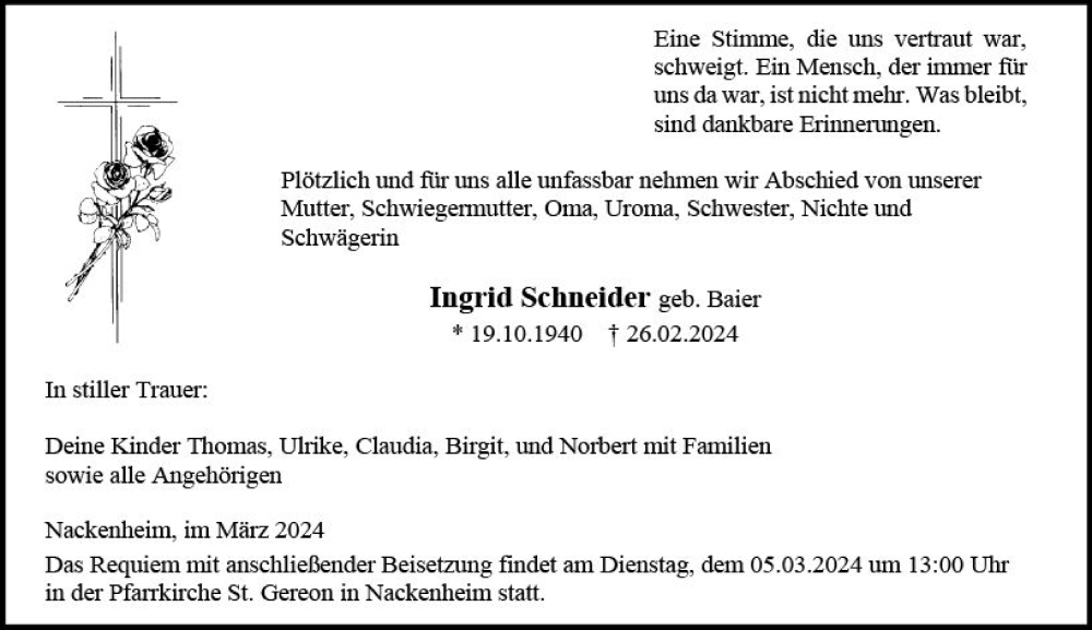  Traueranzeige für Ingrid Schneider vom 02.03.2024 aus Allgemeine Zeitung Mainz