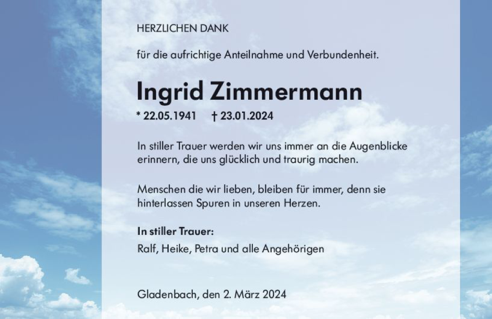  Traueranzeige für Ingrid Zimmermann vom 02.03.2024 aus Hinterländer Anzeiger