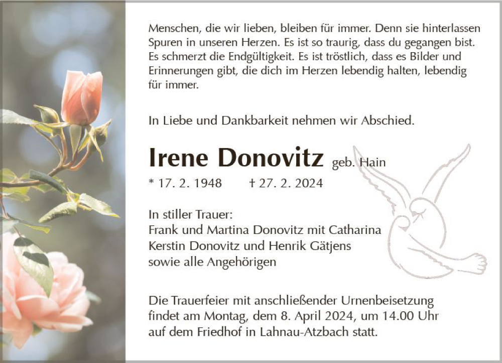  Traueranzeige für Irene Donovitz vom 23.03.2024 aus Wetzlarer Neue Zeitung