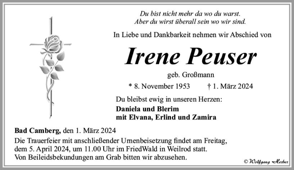  Traueranzeige für Irene Peuser vom 14.03.2024 aus Camberger Anzeiger