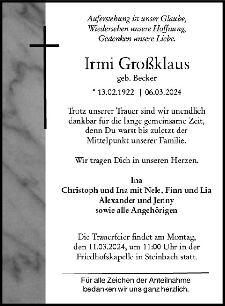  Traueranzeige für Irma Großklaus vom 09.03.2024 aus Dill Block