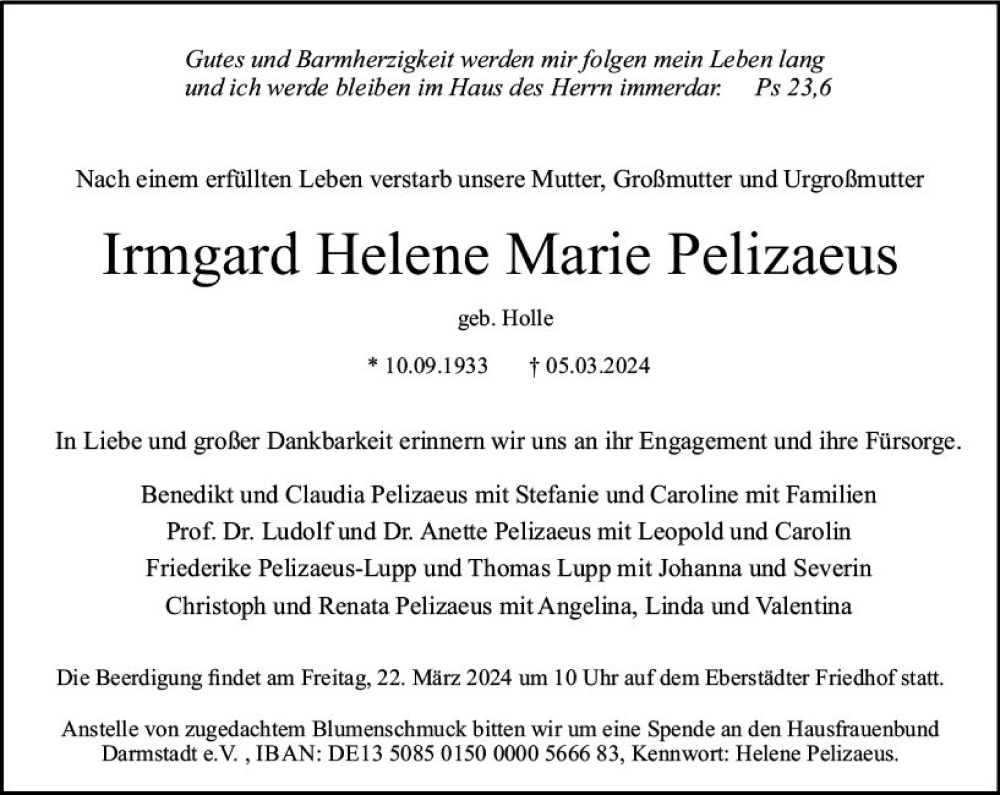  Traueranzeige für Irmgard Helene Marie Pelizaeus vom 16.03.2024 aus Darmstädter Echo