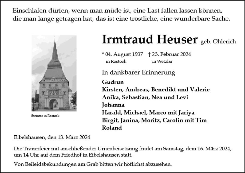  Traueranzeige für Irmtraud Heuser vom 13.03.2024 aus Dill Block