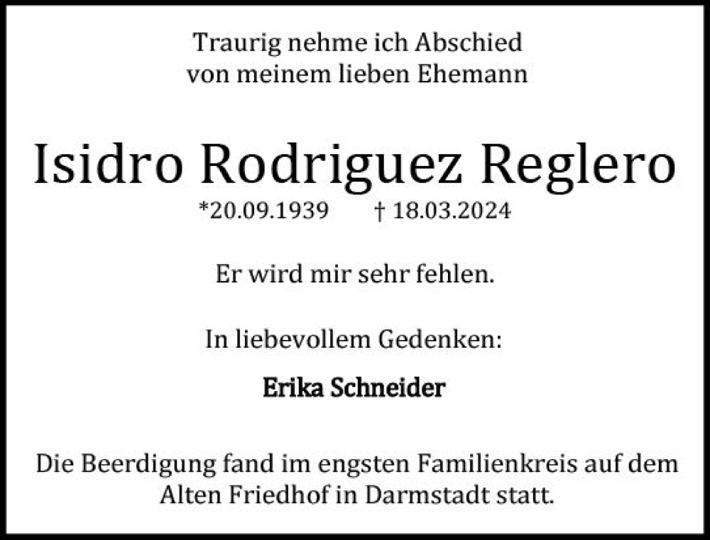  Traueranzeige für Isidro Rodriguez Reglero vom 30.03.2024 aus Darmstädter Echo