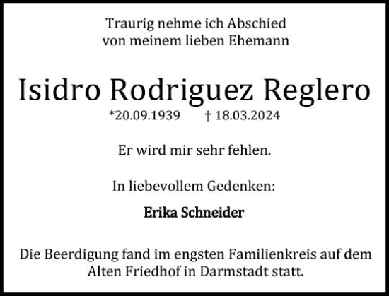 Traueranzeige von Isidro Rodriguez Reglero von Darmstädter Echo