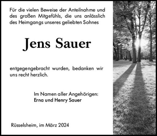 Traueranzeige von Jens Sauer von Rüsselsheimer Echo