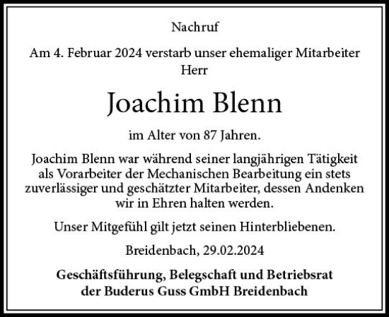 Traueranzeige von Joachim Blenn von Hinterländer Anzeiger