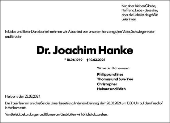 Traueranzeige von Joachim Hanke von Dill Block
