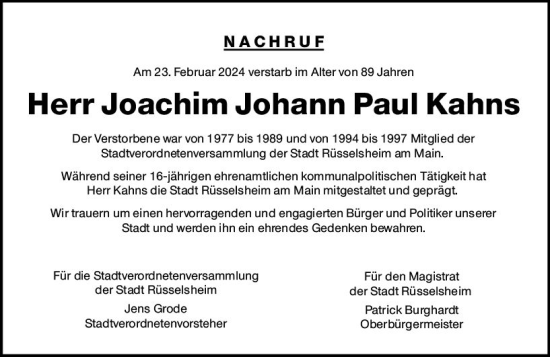 Traueranzeige von Joachim Johann Paul Kahns von Rüsselsheimer Echo