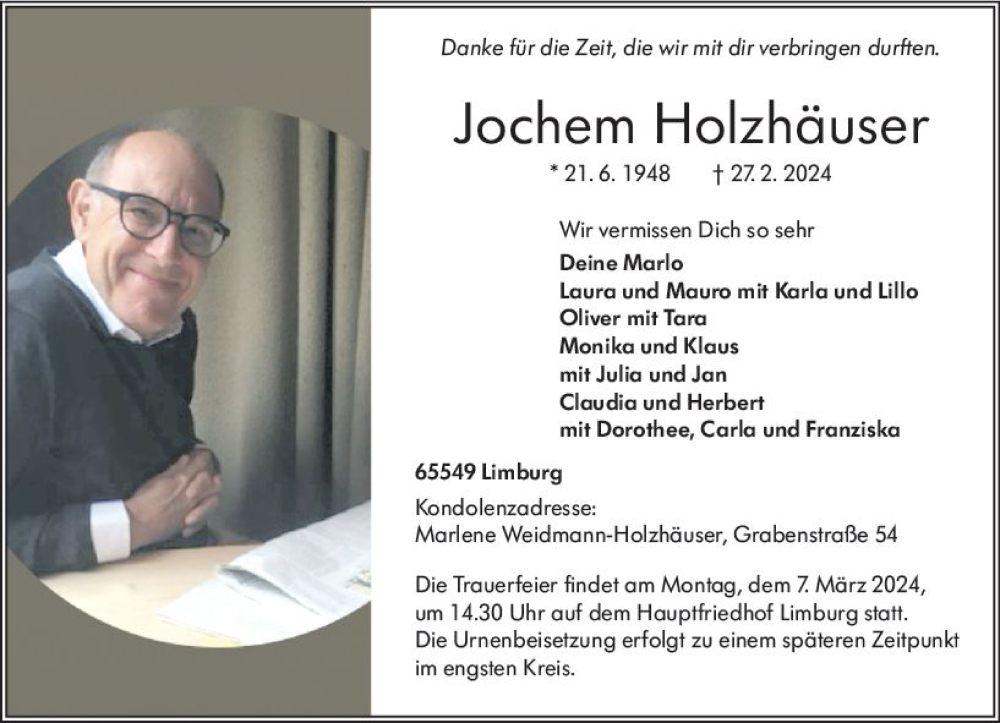  Traueranzeige für Jochem Holzhäuser vom 02.03.2024 aus Nassauische Neue Presse