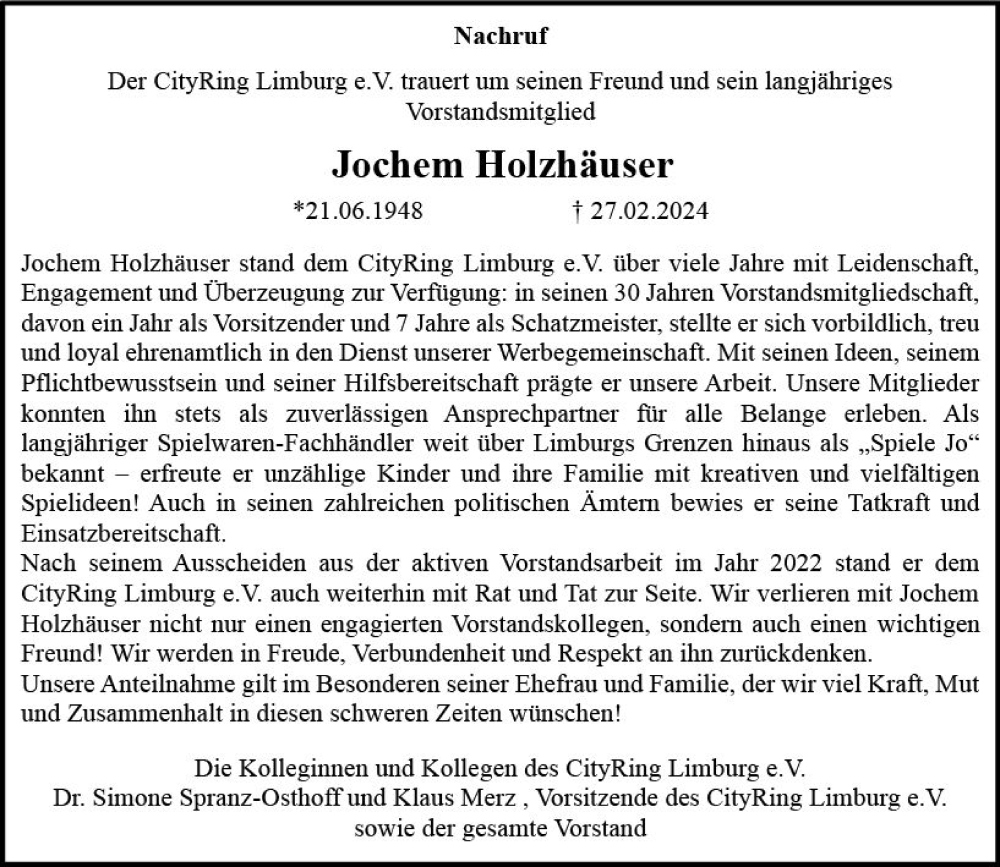  Traueranzeige für Jochem Holzhäuser vom 06.03.2024 aus Nassauische Neue Presse