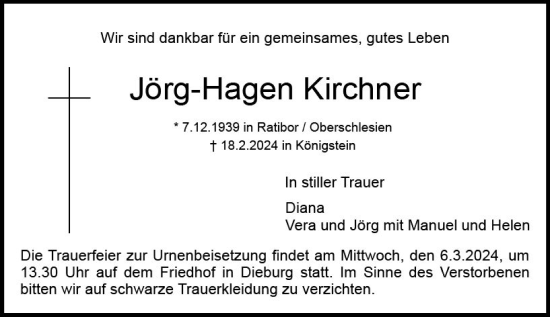 Traueranzeige von Jörg-Hagen Kirchner von Dieburger Anzeiger/Groß-Zimmerner Lokal-Anzeiger