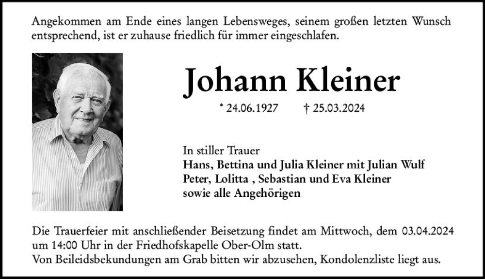  Traueranzeige für Johann Kleiner vom 30.03.2024 aus Allgemeine Zeitung Mainz