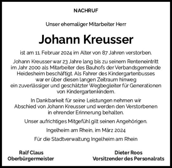 Traueranzeige von Johann Kreusser von Allgemeine Zeitung Bingen/Ingelheim