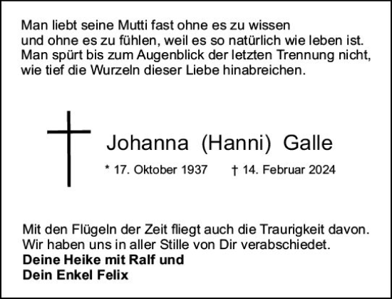 Traueranzeige von Johanna Galle von Starkenburger Echo