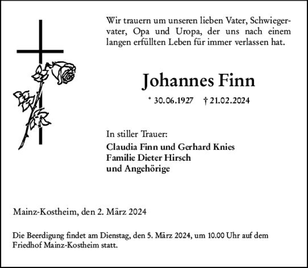  Traueranzeige für Johannes Finn vom 02.03.2024 aus Allgemeine Zeitung Mainz