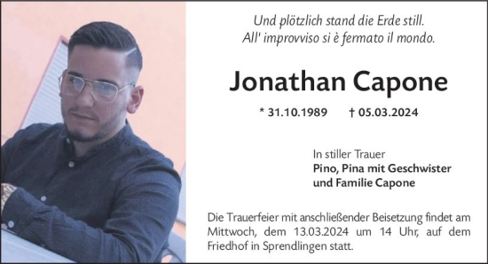Traueranzeige von Jonathan Capone von Allgemeine Zeitung Bad Kreuznach