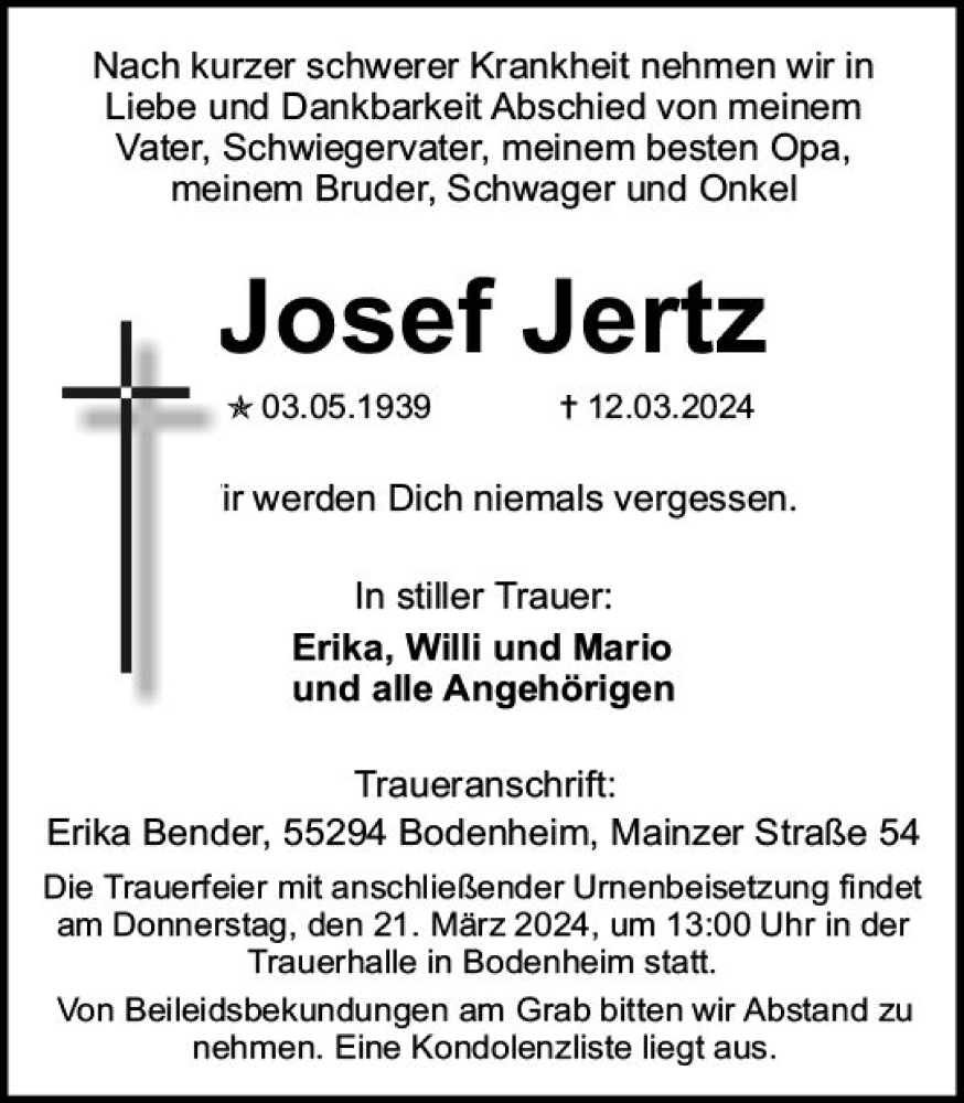  Traueranzeige für Josef Jertz vom 16.03.2024 aus Allgemeine Zeitung Mainz