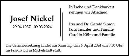 Traueranzeige von Josef Nickel von Darmstädter Echo