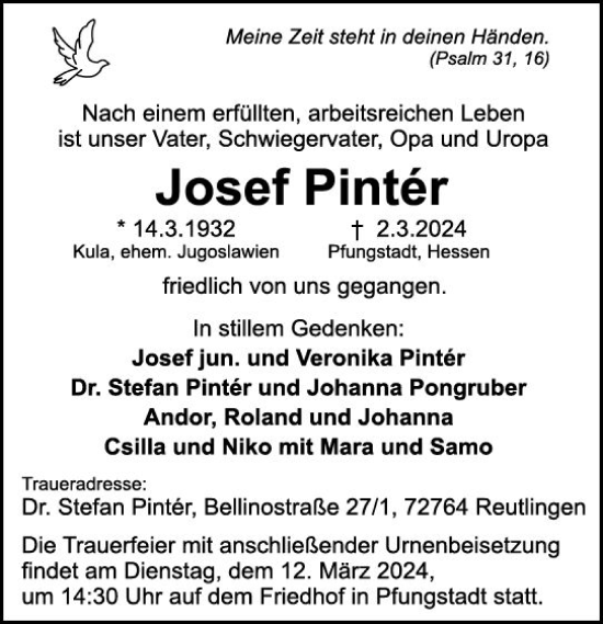 Traueranzeige von Josef Pinter von Darmstädter Echo