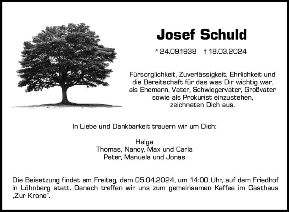  Traueranzeige für Josef Schuld vom 30.03.2024 aus Weilburger Tageblatt