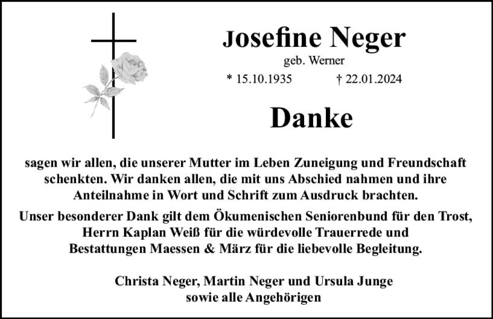  Traueranzeige für Josefine Neger vom 23.03.2024 aus Allgemeine Zeitung Bingen/Ingelheim