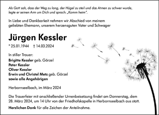 Traueranzeige von Jürgen Kessler von Dill Block