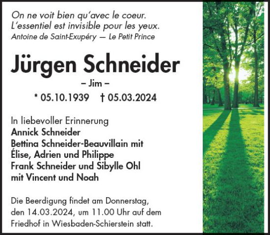 Traueranzeige von Jürgen Schneider von Wiesbadener Kurier