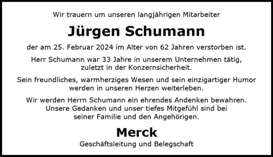 Traueranzeige von Jürgen Schumann von Darmstädter Echo