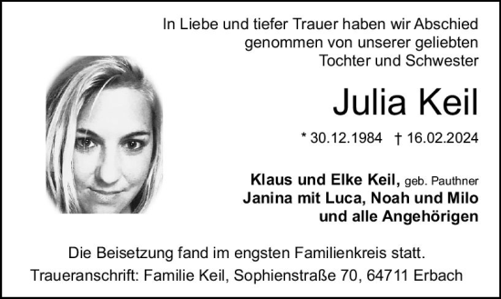 Traueranzeige von Julia Keil von Odenwälder Echo
