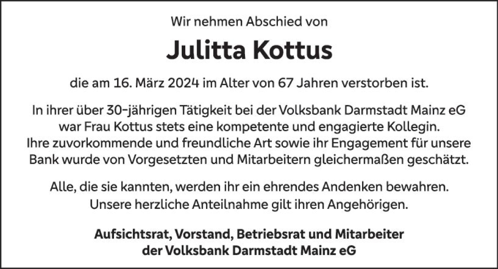 Traueranzeige für Julitta Kottus vom 30.03.2024 aus Allgemeine Zeitung Bingen/Ingelheim