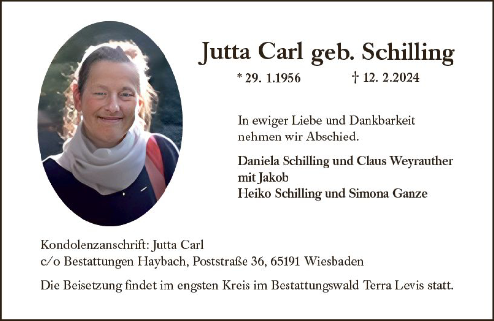  Traueranzeige für Jutta Carl vom 02.03.2024 aus Wiesbadener Kurier