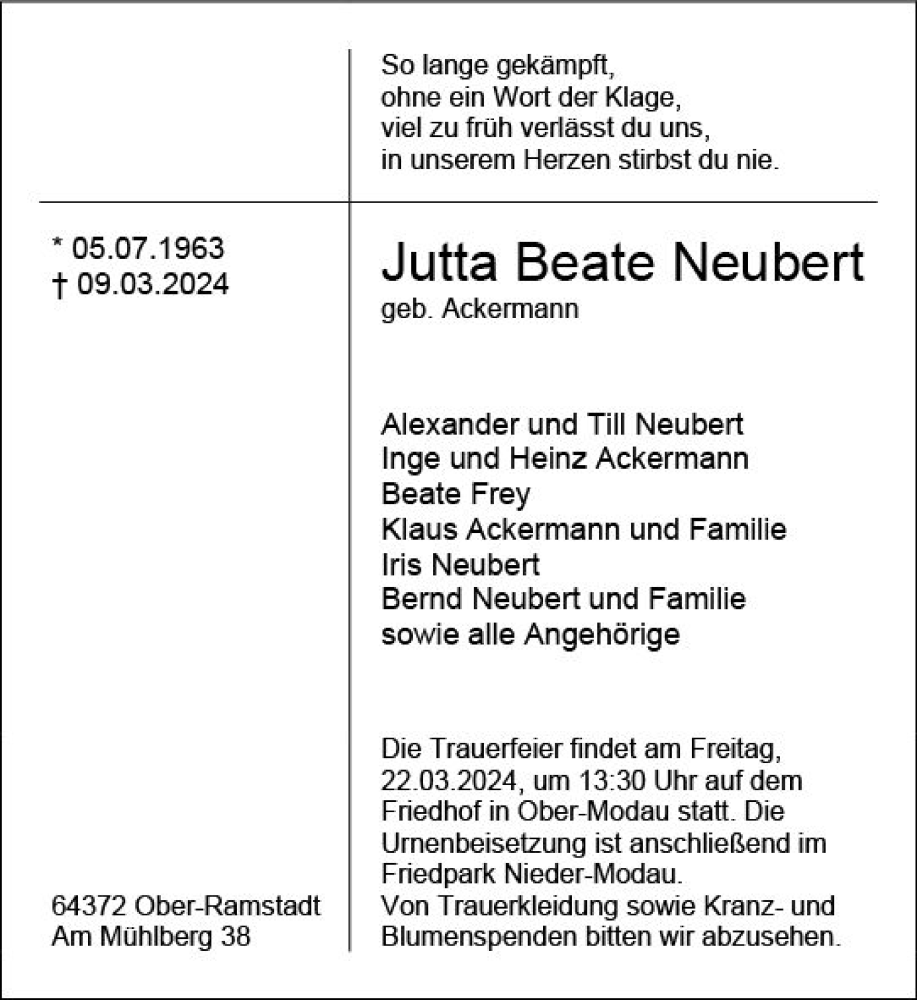  Traueranzeige für Jutta Beate Neubert vom 16.03.2024 aus Darmstädter Echo