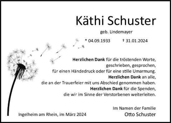 Traueranzeige von Käthi Schuster von Allgemeine Zeitung Bingen/Ingelheim