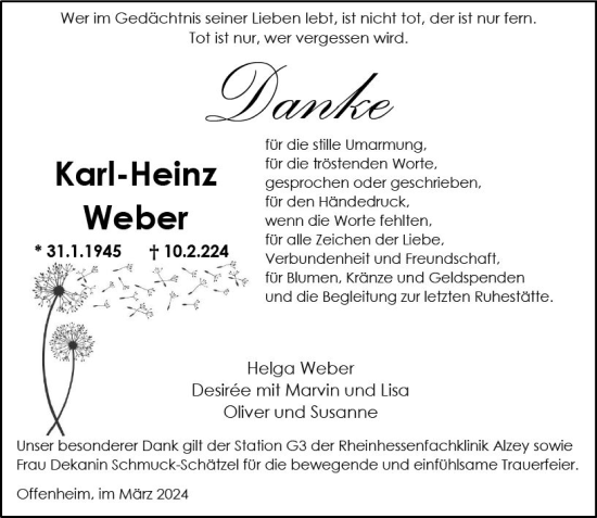 Traueranzeige von Kar-Heinz Weber von Allgemeine Zeitung Alzey