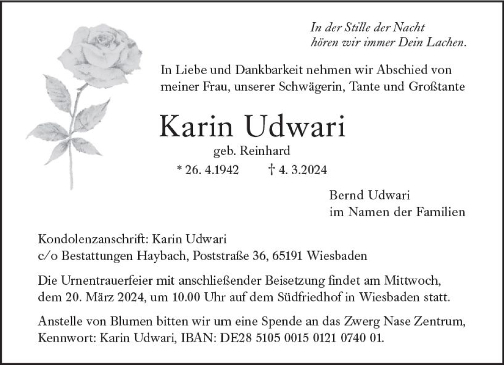  Traueranzeige für Karin Udwari vom 16.03.2024 aus Wiesbadener Kurier
