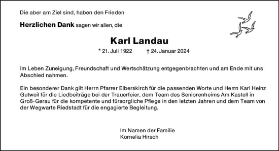 Traueranzeige von Karl Landau von Groß-Gerauer Echo