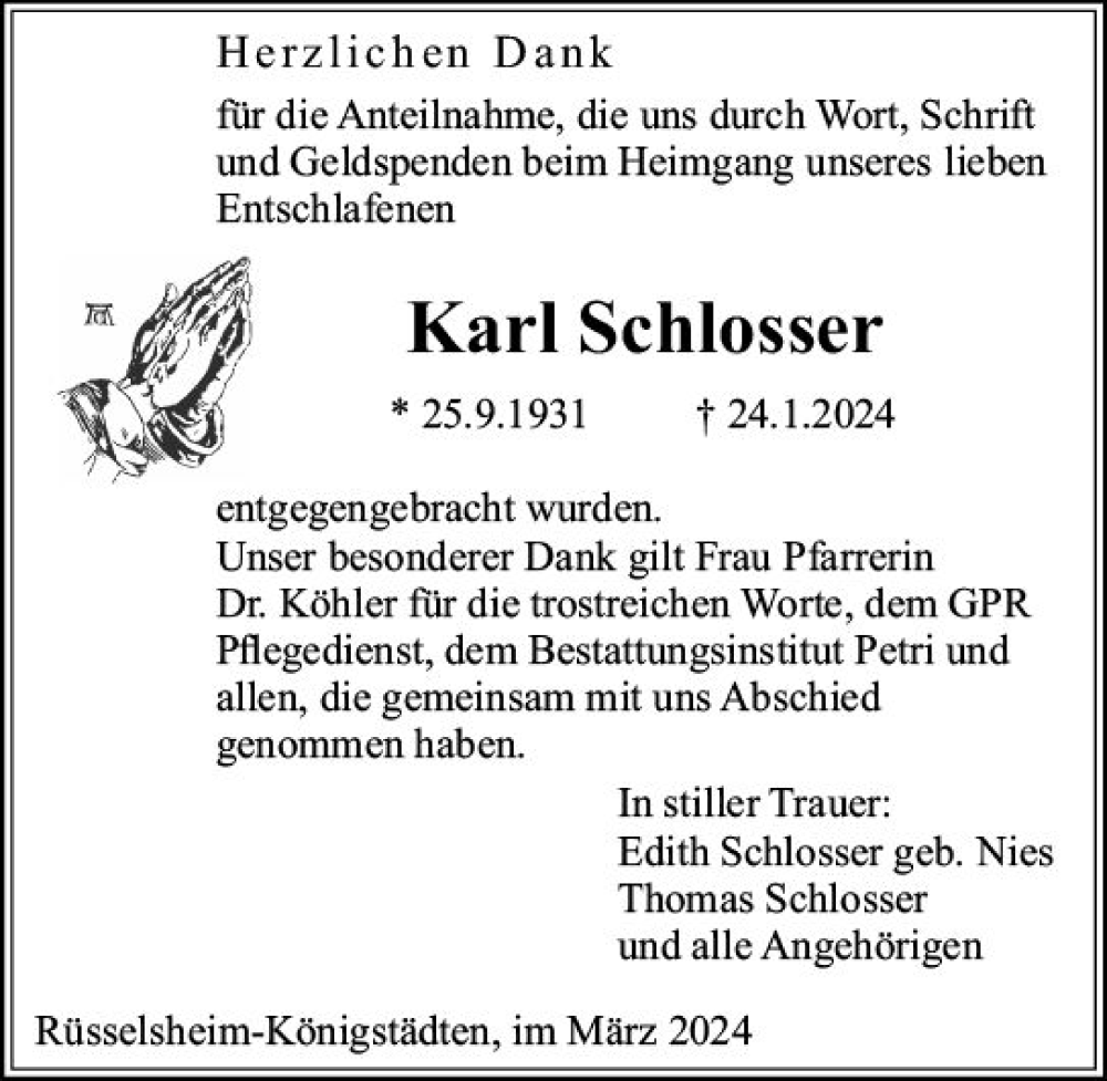  Traueranzeige für Karl Schlosser vom 02.03.2024 aus Rüsselsheimer Echo