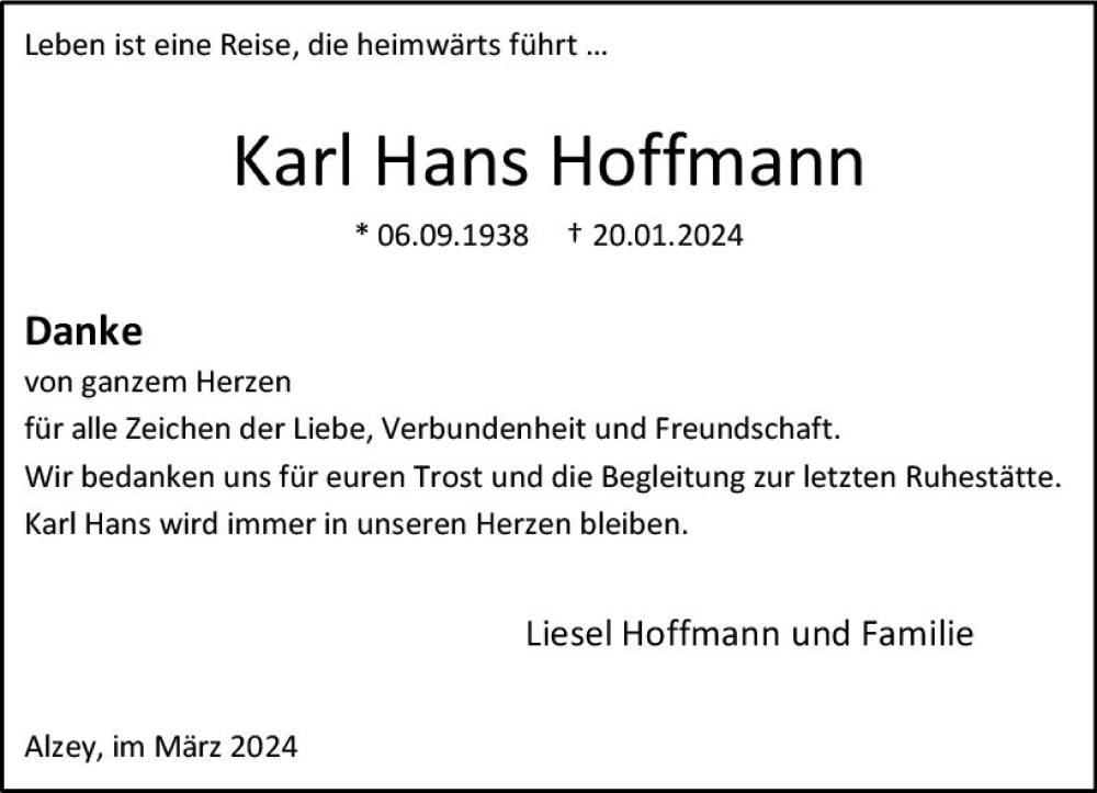  Traueranzeige für Karl Hans Hoffmann vom 09.03.2024 aus Allgemeine Zeitung Alzey